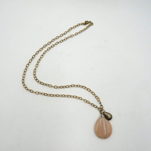 Rose Quartz Necklace 24 " Gold Tone Chain Teardrop Pendant Small Bronze Charm - Picture 5 of 7